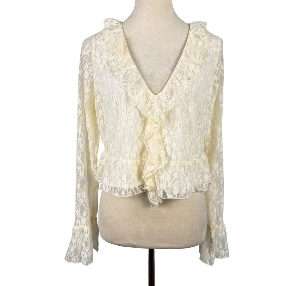American Eagle Lace Blouse Womens‎ Small Ruffle V-Neck Bell Sleeve Ivory Boho
